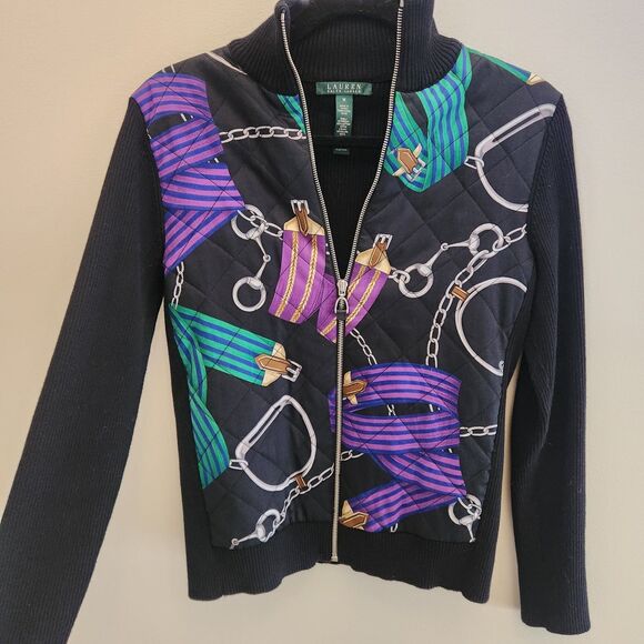 VTG 90s Ralph Lauren Quilted Equestrian Full Zip Sweater Jacket Old Money Sz M - Picture 2 of 7